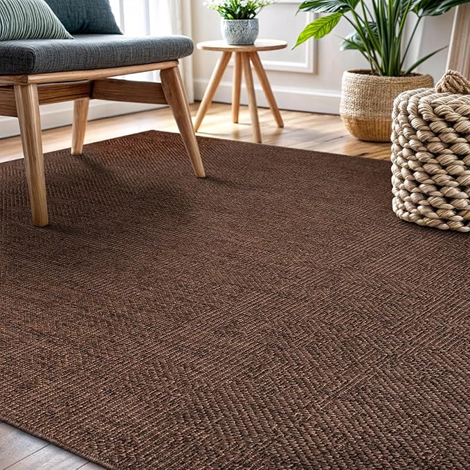 CAMILSON Easy Jute Rug 8x10, Indoor Outdoor Brown Color Fiber Area Rugs for Living Room Patio and Kitchen Rug, Solid Boho Woven Design, Easy-Cleaning, Washable Outside Carpet Alfombras (8 x 10)-Ruum Studio Home