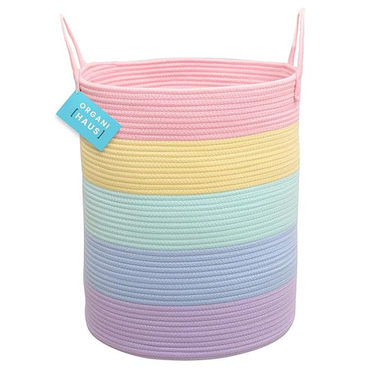 OrganiHaus Cotton Rope Basket for Rainbow Classroom Decor 15x18 | Toy Basket for Pastel Room Decor | Playroom Organization and Storage | Toy Bins & Book Basket | Tall Blanket Basket for Living Room-Ruum Studio Home