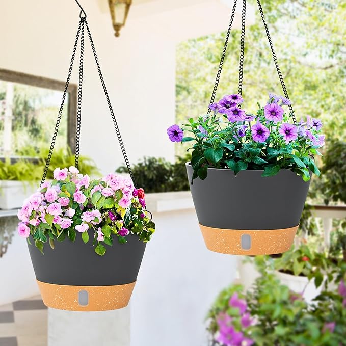 QCQHDU 2 Pack Hanging Planters for Indoor Outdoor Plants, 8 Inch Hanging Baskets Flower Pots with Reservoir Tray & Visible Water-Level-Ruum Studio Home