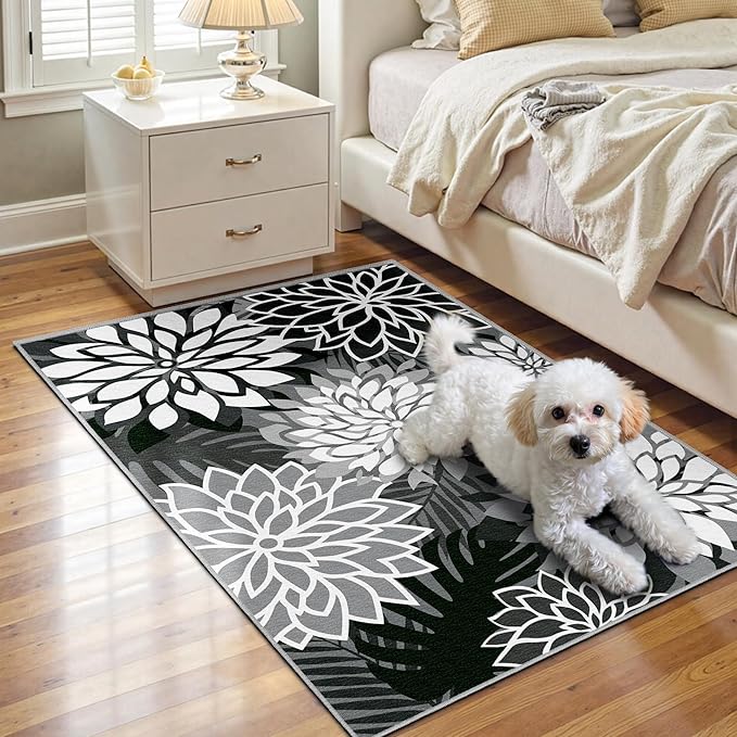 Area Rug 2x3 Black White Washable Entry Small Rug Multicolored Tropical Botanical Modern Floral Indoor Kitchen Door Mat Entrance Carpet Non Slip for Bedroom Living Room, Porch-Ruum Studio Home