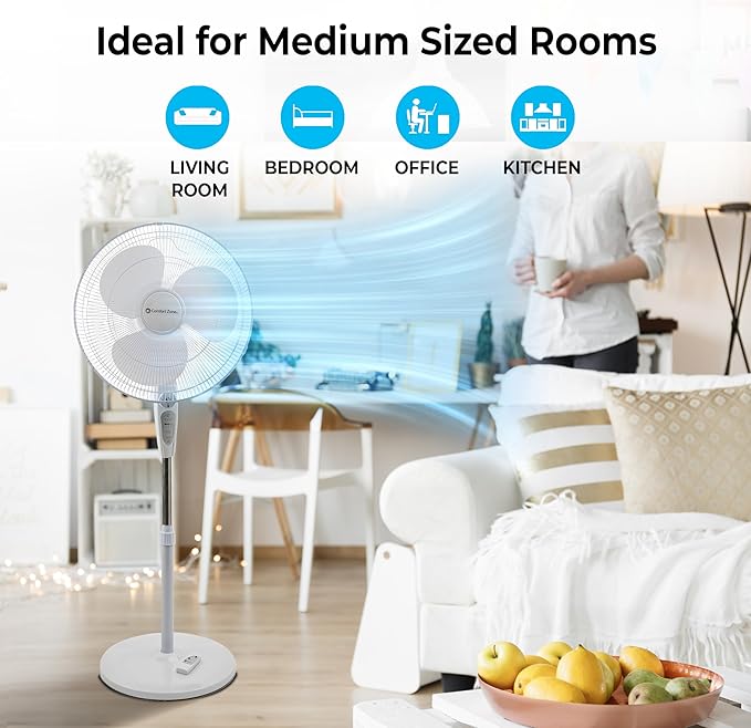 Comfort Zone 18-Inch Oscillating Pedestal Fan with Remote Control, 3-Speed Standing Fan with Adjustable Height (45–52”), Tilt, 4-Hour Timer & Auto Shutoff – Quiet Bedroom Fan, White-Ruum Studio Home