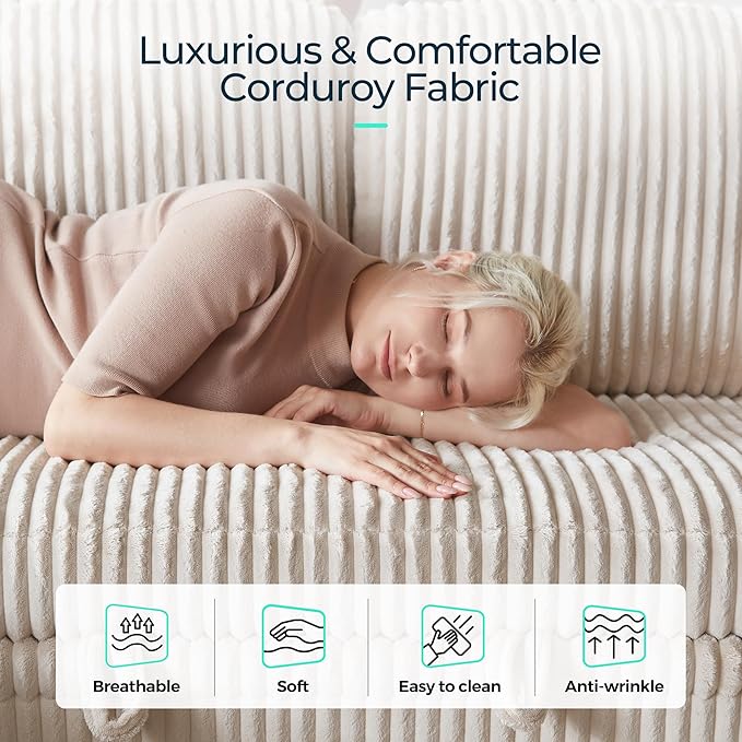 LINSY HOME Sectional Sleeper Sofa with Pull Out Couch Bed - Convertible Plush Corduroy Cloud Couch with Storage Chaise & USB Charging, Comfy L Shaped Modular Couches for Living Room Apartment, Beige-Ruum Studio Home