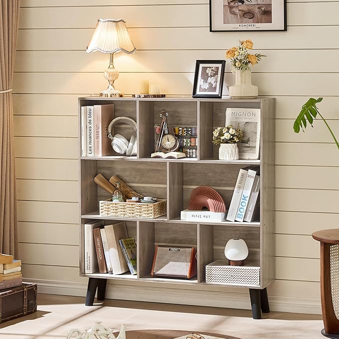 LEYAOYAO 8 Cube Bookshelf,3 Tier Bookcase with Legs,Modern Grey Mid-Century Bookshelves,Large Farmhouse Open Storage Organizer Shelf, Retro Wooden Display Book Case for Bedroom,Living Room,Office-Ruum Studio Home