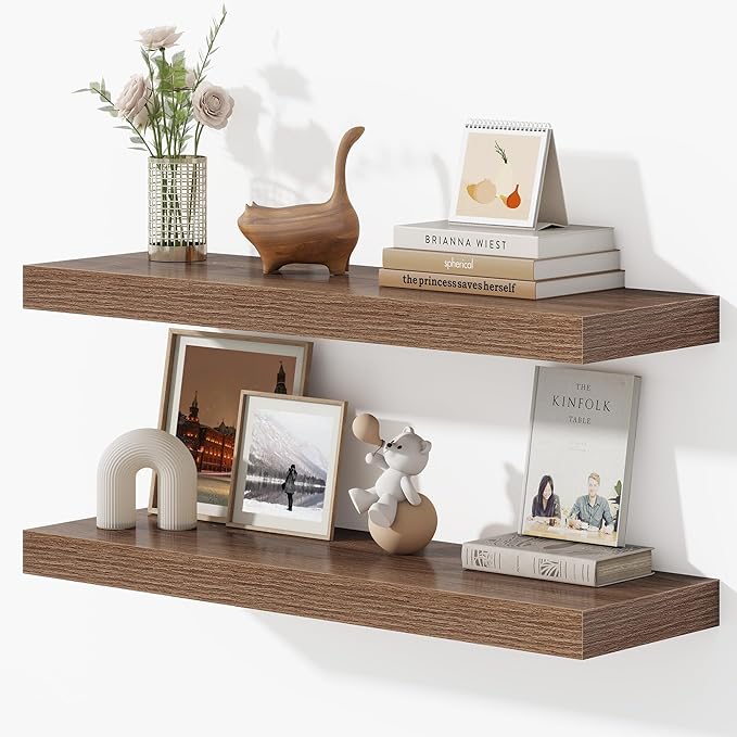 Dreamland 32 Inches Floating Shelves for Wall, 9.3" Deep Long Floating Shelves Set of 2, Large Display & Storage Shelf, Wall Shelf for Bathroom Bedroom Living Room Kitchen Office, Walnut-Ruum Studio Home