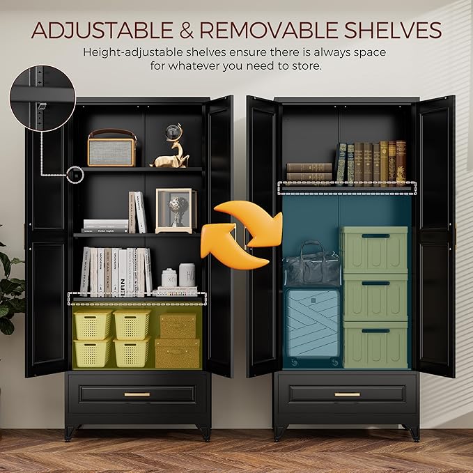 75" Kitchen Pantry Cabinet with Drawer, Metal Storage Cabinets with Doors and Adjustable Shelves, Black Tall Pantry Cabinet for Dinning Living Room, Home Office-Ruum Studio Home