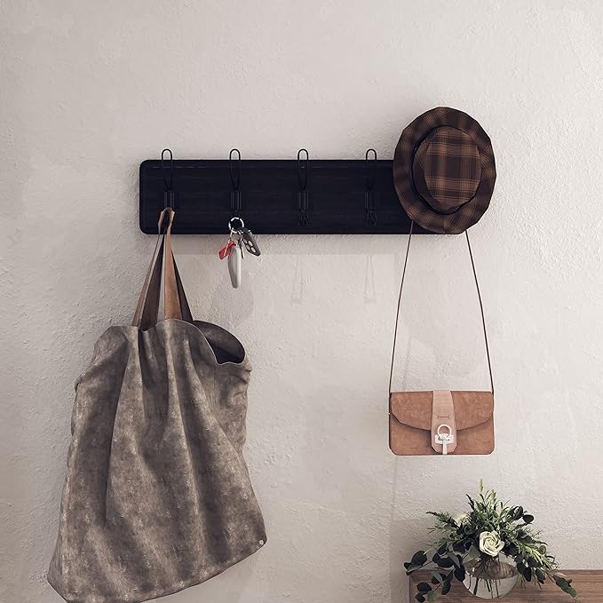 HBCY Creations Blackwash Solid Wood Wall Mounted Coat Rack with Shelf, 5 Hooks, 24" Long - Kitchen, Mudroom, Entryway, Bathroom - Includes Mounting Hardware, Coat Hanger, Dog Leash Hooks, Towel Rack-Ruum Studio Home