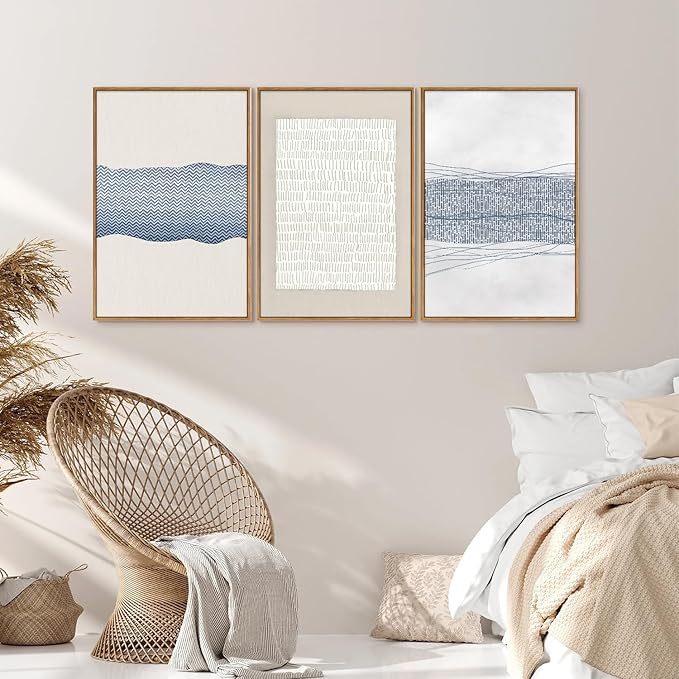 SIGNINART Large Abstract Framed Canvas Wall Art Set of 3, Minimalist Boho Line Art Prints, Modern Neutral Aesthetic Wall Decor, Blue and White Art Paintings for Living Room, Bedroom, Office 16"x24"-Ruum Studio Home