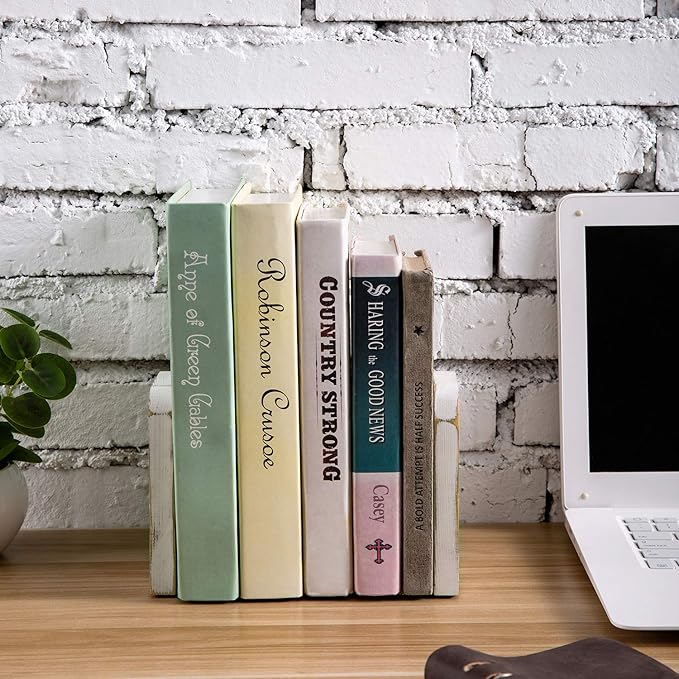 MyGift Whitewashed Wood Desktop Bookends, Decorative Bookshelf Display Organizers Office Book Shelf Decor, 1 Pair-Ruum Studio Home