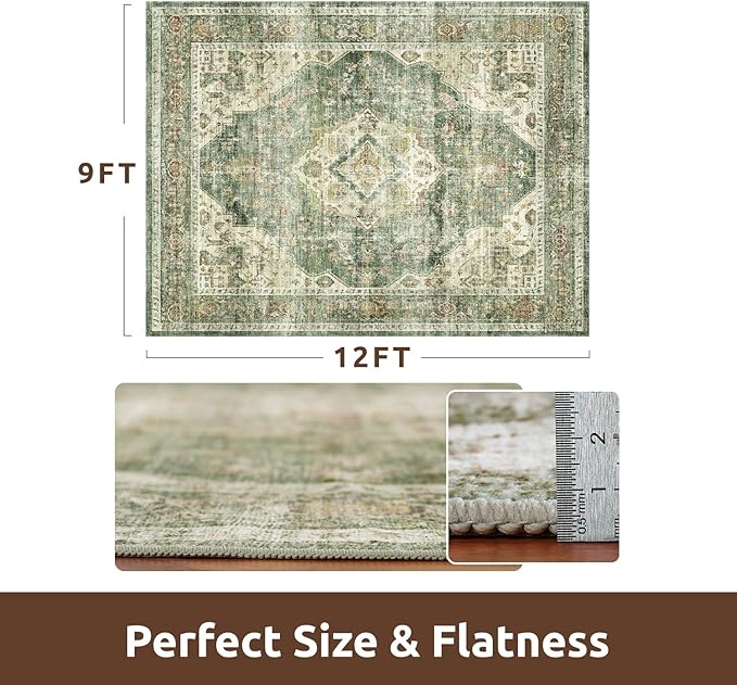 AMOAMI Vintage Soft Green Area Rug - 9x12, Non-Slip, Washable for Living Room, Bedroom, Dining Room, Office-Ruum Studio Home
