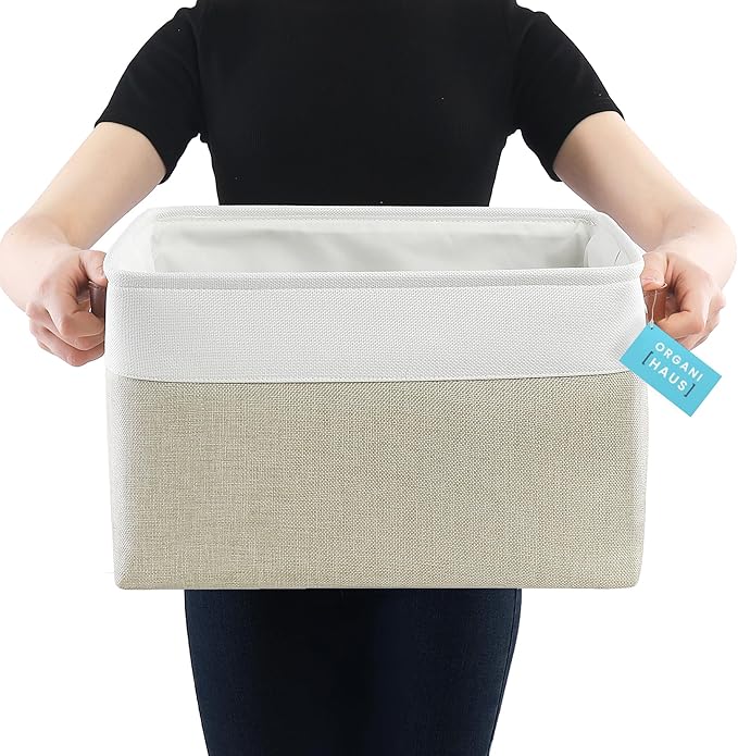OrganiHaus Extra Large Fabric Storage Bins for Shelves 16x13in, Closet Storage Baskets for Shelf Organizing, Canvas Rectangle Bins for Organization, Linnen Baskets for Organizing - Beige/Off-White-Ruum Studio Home