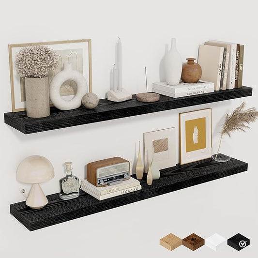 Floating Shelves for Wall, 40 Inch Floating Shelves for Home Decor, Wall Mounted Rustic Wood Shelves, Bathroom, Hanging Deep Shelf for Bedroom, Living Room, Kitchen (Black, Set of 2)-Ruum Studio Home