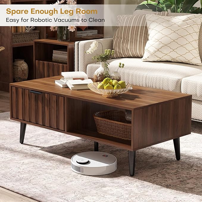 Mid Century Modern Coffee Table with Grooved Drawers & Open Storage, 47" MDF Walnut Wood Center Table with Black Solid Wood Legs, Retro Living Room Furniture-Ruum Studio Home