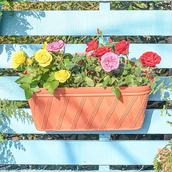 Sungmor 3 Pack Wall Hanging Planters, 16.5 Inch Railing Fence Hanging Flower Pots, Thickened Plastic Water Storage Plant Pot, Indoor Outdoor Garden Balcony Decor, Large Terracotta Color Plant Basket-Ruum Studio Home