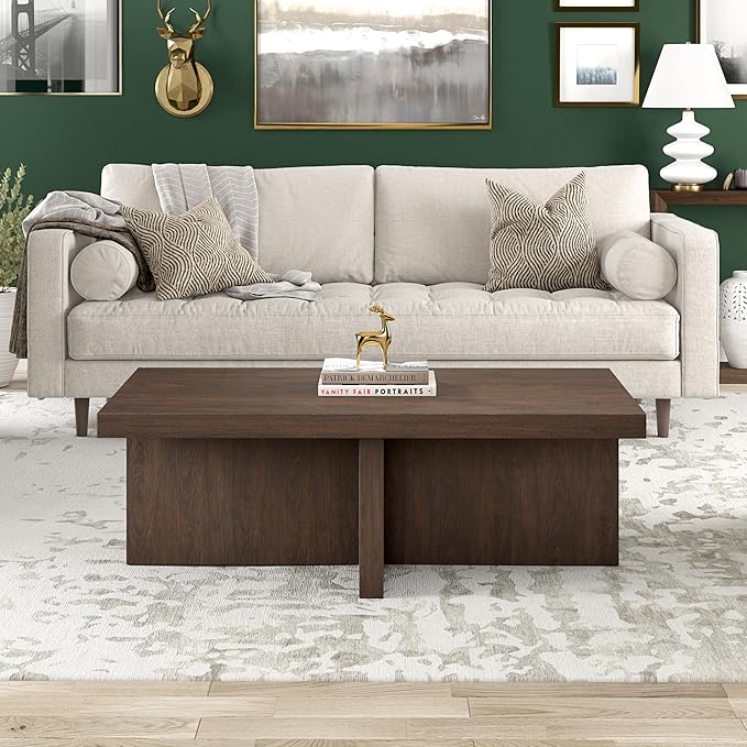 Henn&Hart 44" Rectangular Wood Pedestal Low-Profile Coffee Table for Living Room, Family Room, or Office, Alder Brown-Ruum Studio Home