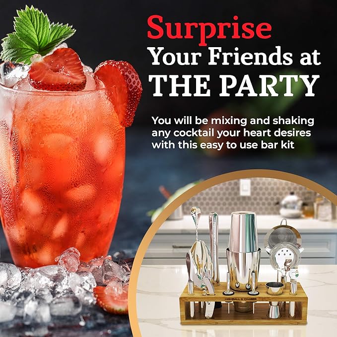 Highball & Chaser 13-Piece Boston Cocktail Shaker Set Stainless Steel Mixology Bartender Kit With Stand For Home Bar Cocktail Set | Laser Engraved Cocktail Tools | Plus E-Book with 30 Cocktail Recipes-Ruum Studio Home