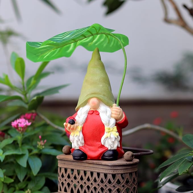 Garden Female Gnome Statue Decoration with Leaf Umbrella, 7.5” Figurine Ornament for Indoor Outdoor Home Patio Yard Lawn, for Gnome Lovers & Garden Enthusiasts，Mom，Women-Ruum Studio Home