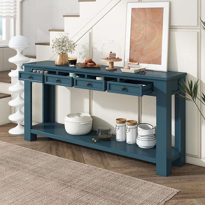 Solid Wood Console Table,63 in Long Sofa Table Entryway Table with 4 Drawers and Bottom Shelf for Hallway Living Room Couch Table,Fully Assembled (63" Dark Blue)-Ruum Studio Home