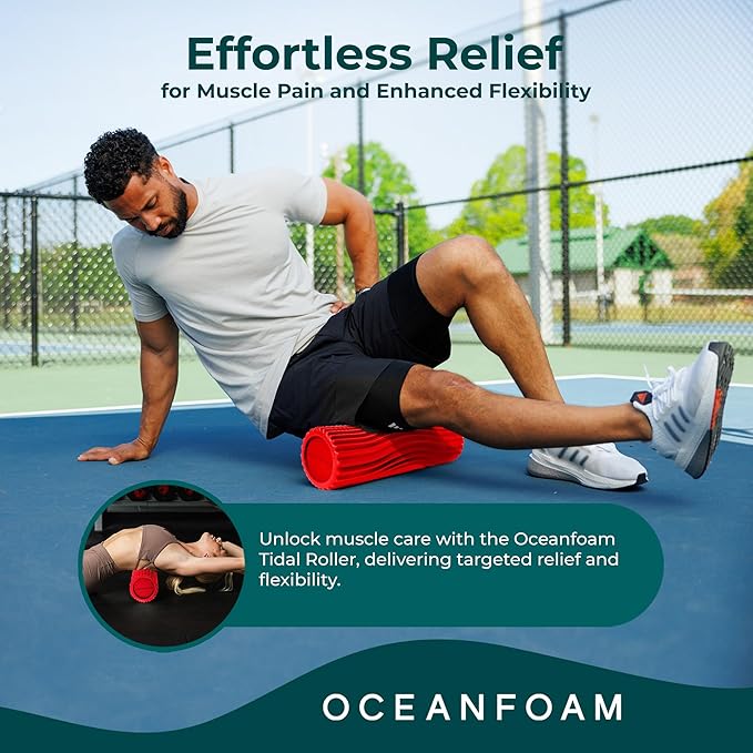Oceanfoam Tidal Roller - Red - Muscle Massage Foam Roller for Back Pain & Stretching - Firm and Ergonomic Wide Wave Textured - Yoga, Athletics, & Wellness - Full Size, 20" x 5"-Ruum Studio Home