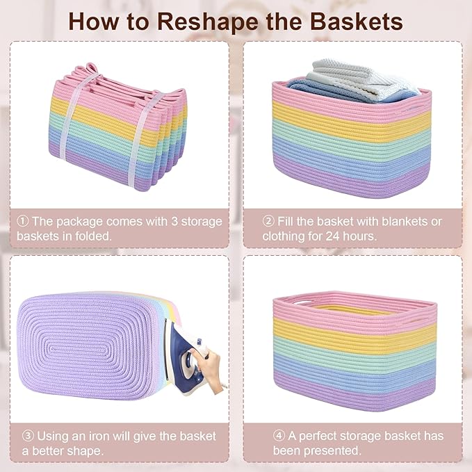 Shelf Baskets for Organizing, Woven Storage Basket for Shelves，Cotton Rope Storage Bins for Toys Books, Nursery Towel Baskets for Classroom, 14.96"X9.8"X8.85", 3-Pack Pastel Rainbow-Ruum Studio Home