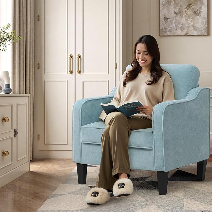 Accent Chair for Living Room, Mid Century Modern Reading Chair for Bedroom, Upholstered Armchair with Side Pockets, Comfy Single Sofa Side Chair for Office, Apartment, Small Room, Teal Green-Ruum Studio Home