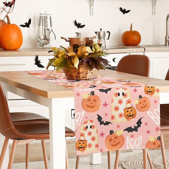 AnyDesign Halloween Table Runner Pink Spooky Ghost Pumpkin Table Cover Kitchen Dining Table Decoration Pink Halloween Table Dresser Scarves for Indoor Outdoor Home Party, 13 x 72 Inch-Ruum Studio Home