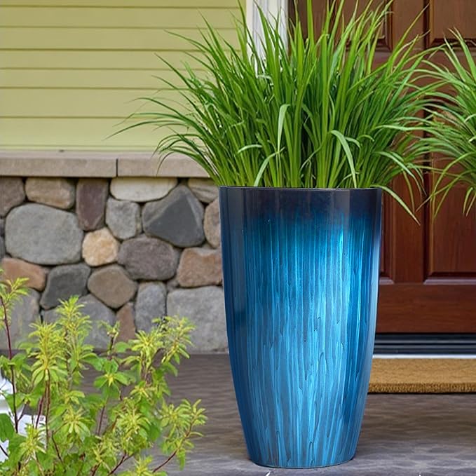 Worth Garden 23.5" H. Large Plastic Planters - Set of 2 Gradient Blue Glossy Smooth Finish - Tall Plant Pots for Indoor & Outdoor Use - Decorative Lightweight Flower Pot for Front Porch, Patio, Deck-Ruum Studio Home