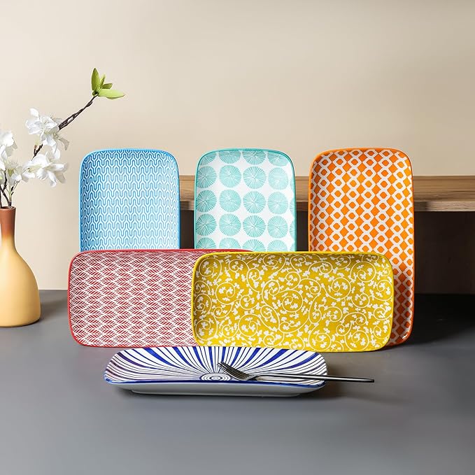Selamica Ceramic Serving Platters, 12 Inch Serving Trays for Party Entertaining, Large Rectangular Serving Plates, Set of 6, Assorted Colors-Ruum Studio Home