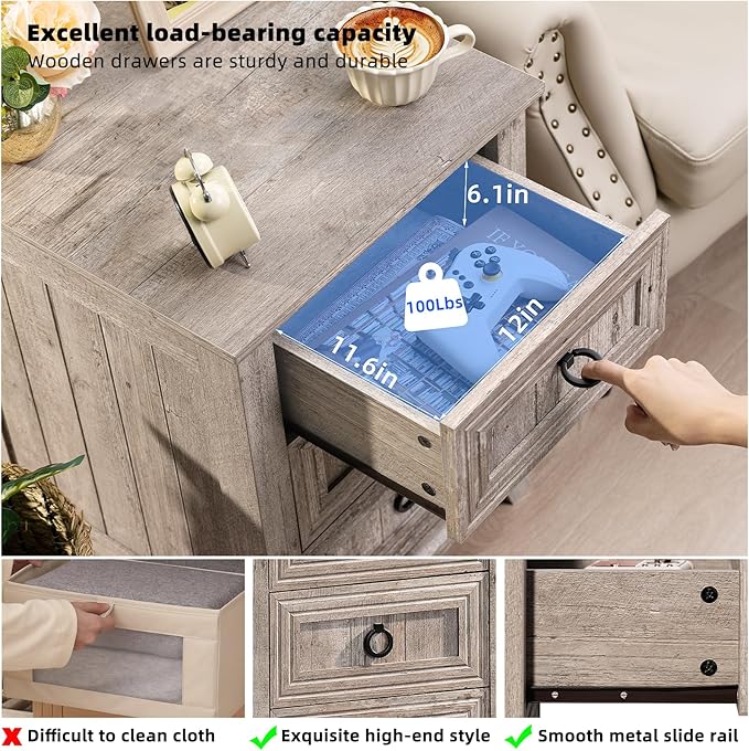 18" Farmhouse Night Stand with 3 Drawers, Wood End Table Dresser for Bedroom, Retro Oak Nightstand, Bed Side Table with Metal Handle, Bedside Cabinet for Bedroom Living Room, Closet-Ruum Studio Home