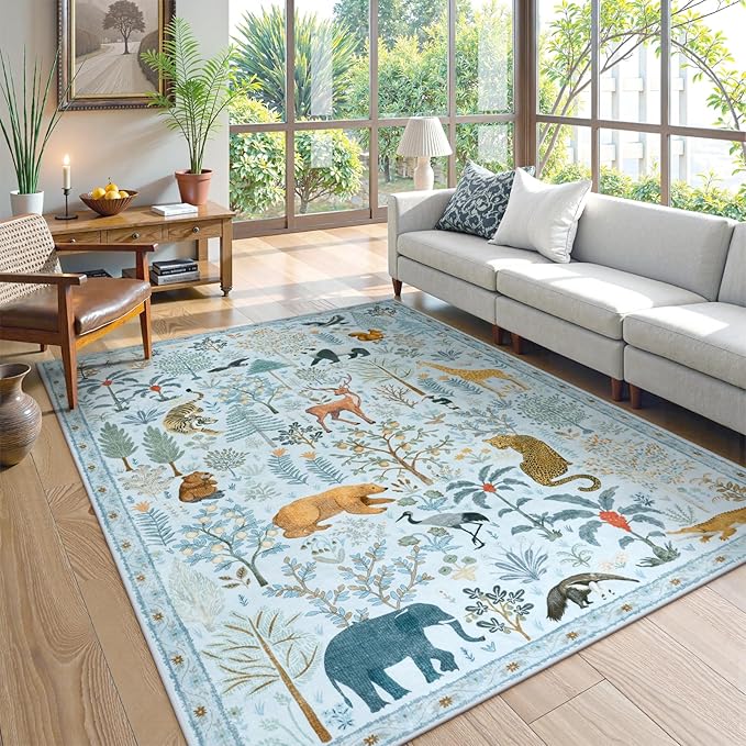 OJIA Animal Print Washable Area Rug 5x7, Soft Nursery Rugs for Living Room Ultra-Thin Non-Shedding Kids Bedroom Rug, Stain Resistant Throw Rug Large Carpet for Dining Room, Light Blue-Ruum Studio Home