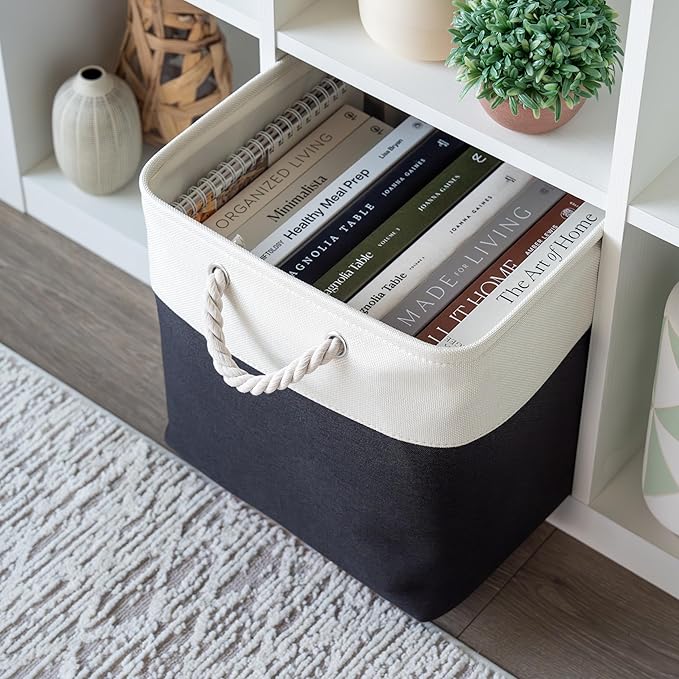 OrganiHaus 13x13 Cube Storage Bins 4 Pack, Foldable Cube Storage Organizer w/ Rope Handles, Collapsible Fabric Bins for Toys, Clothes & Closet Organization, Fabric Square Baskets - Black/White-Ruum Studio Home