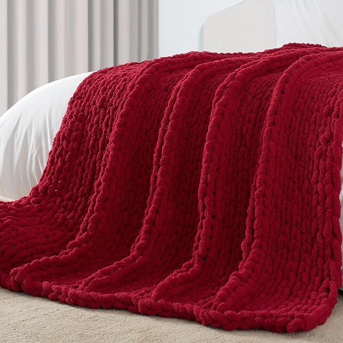 Carriediosa Chunky Knit Throw Blanket 60" X 80" Twin, 100% Hand Made Large Chenille Loop Yarn Soft Fluffy Throws for Couch Sofa Bed, Big Crochet Cozy Heavy Thick Cable Woven Blankets, Red-Ruum Studio Home