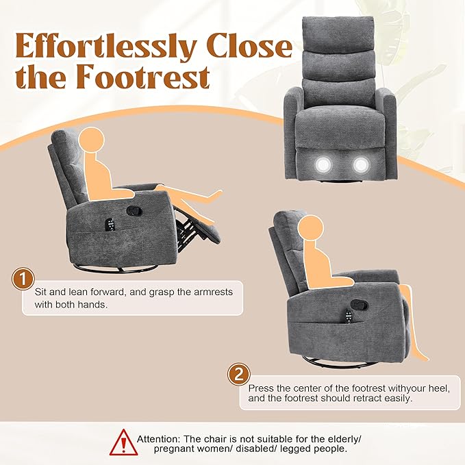Manual Swivel Rocker Recliner Chair for Adults, Overstuffed Reclining Glider Chair for Nursing with Vibration Massage & Heat, Living Room Rocking Recliner 3-Stage backrest, Chenille Fabric Dark Gray-Ruum Studio Home