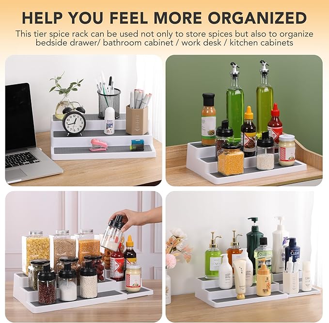 3 Tier Expandable Spice Rack Organizer, Plastic Spice Rack, Adjustable Length 14.6In-25.8In, Non-Skid Tiered Spice Shelf Organizer for Kitchen Cabinet, Cupboard, Pantry, White/Grey-Ruum Studio Home