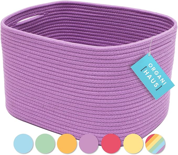 OrganiHaus Woven Storage Baskets for Organizing, Cotton Rope Organizer Bins for Shelves, Closet & Nursery, Dog Toy Basket, Decorative Bins for Toys, Towels & Books - 15x10x9, Purple-Ruum Studio Home