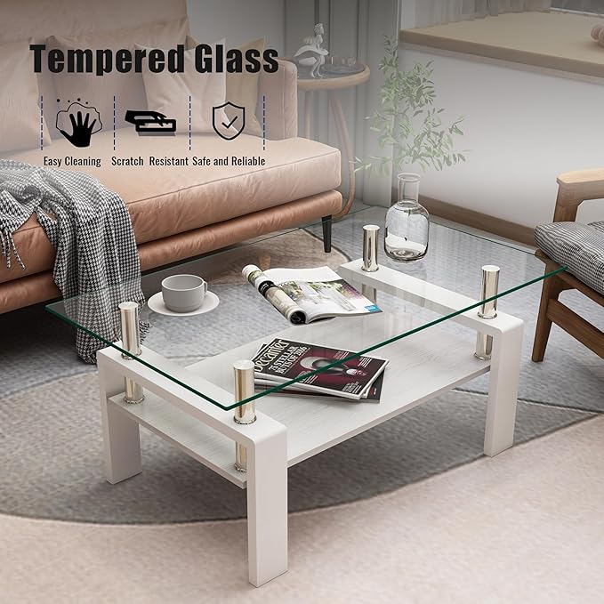 Glass Coffee Table Rectangle Living Room Center Table, with Transparent Tempered Glass Tabletop and White MDF Layer,for Living Room and Office, Transparent +White-Ruum Studio Home