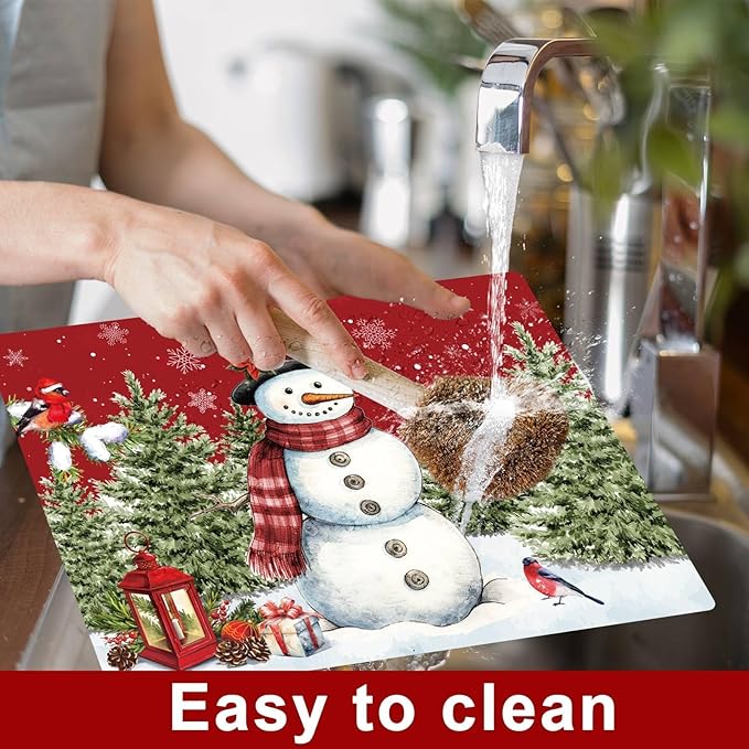 Winter Christmas Placemats Set of 6 Red Blue Snowman Plastic Table Mats Christmas Tree Birds Place Mats Washable Vinyl Seasonal Winter Table Decoration for Indoor Outdoor Party Kitchen Dining-Ruum Studio Home