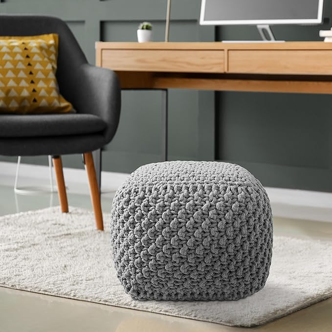 Casafield Square Pouf Ottoman, Light Gray 18.5" W x 18.5" D x 14.5" H Cotton Knit Foot Stool - Boho Floor Pouffe for Living Room, Bedroom, Home Office-Ruum Studio Home