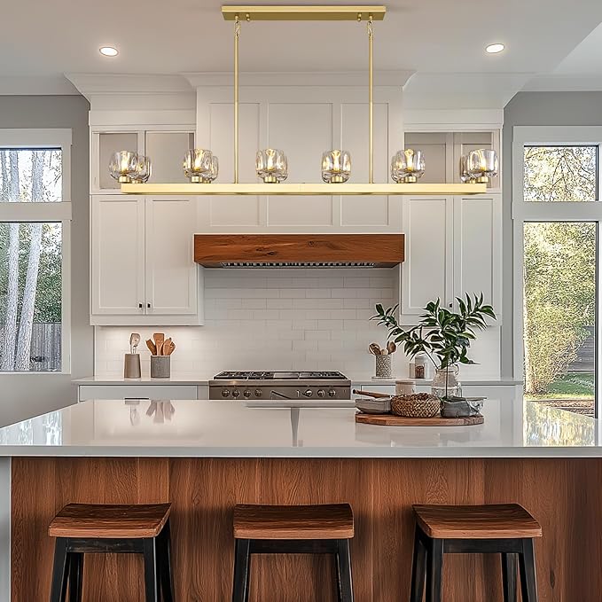 59 Inch Brass Rectangle Wagon Wheel Chandeliers, Gold Chandelier for Dining Room Over Table, Modern Crystal Long Chandelier, Farmhouse Large Linear Chandeliers for Kitchen Island-Ruum Studio Home