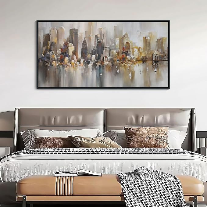 New York City Wall Art -Framed Modern Abstract Wall Art for Living Room, Office & Bedroom Cityscape & Paintings for Bedroom brooklyn bridge Pictures Wall Decor Chicago Artwork for Walls 24×48IN-Ruum Studio Home