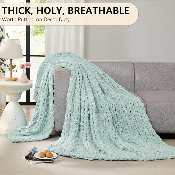 L'AGRATY Chunky Knit Blanket Throw: 50''x60'' Chenille Chunky Knitted Throw Blanket for Bed Couch - Handmade Thick Big Cable Knit Blanket - Large Crochet Rope Blanket for Home Decor(Mint Green)-Ruum Studio Home