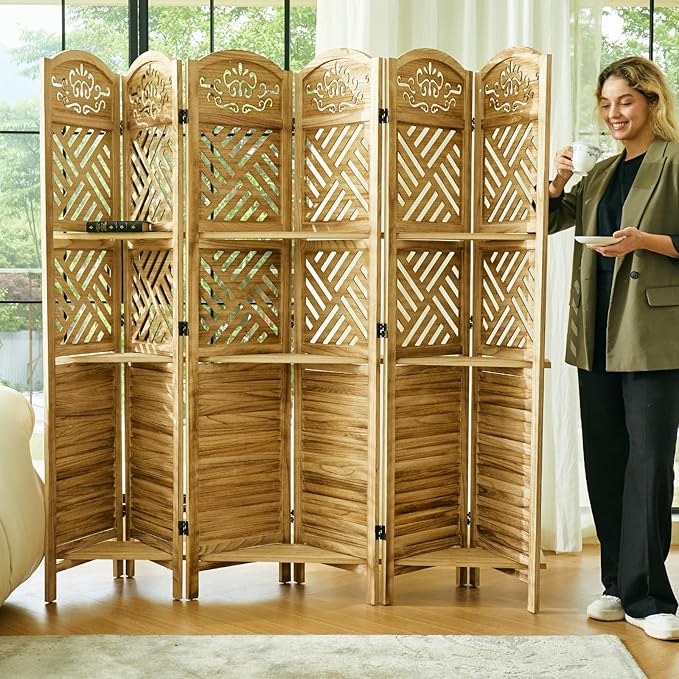 Room Divider with Shelves, 68.9inch Wood Carved and Louvered Wall Divider Freestanding, 6 Panels Folding Partition Screen for Bedroom Home Office (Natural)-Ruum Studio Home