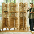 Room Divider with Shelves, 68.9inch Wood Carved and Louvered Wall Divider Freestanding, 6 Panels Folding Partition Screen for Bedroom Home Office (Natural)-Ruum Studio Home