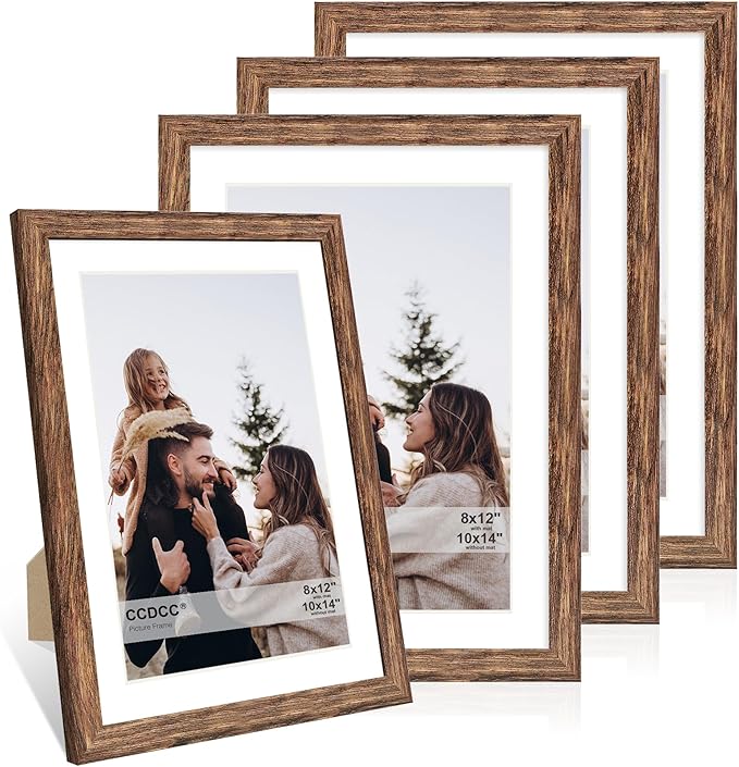 10x14 Picture Frame Set of 4, 10 x 14 Wood Photo Frames with Mat for 8x12 or 30x40cm Diamond Painting Art, Wooden Frame with Real Glass Cover for Wall and Tabletop Display,Rustic Brown-Ruum Studio Home