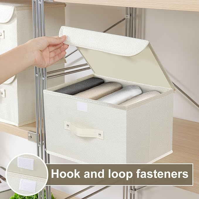 Fabric Storage Bins Cube Organizers with Flip-Top Lid and Handles,Storage Boxes for Organizing Home,Office,and Closet,Beige,3 Pack 10.2 X 7.9 X 6.7 in-Ruum Studio Home