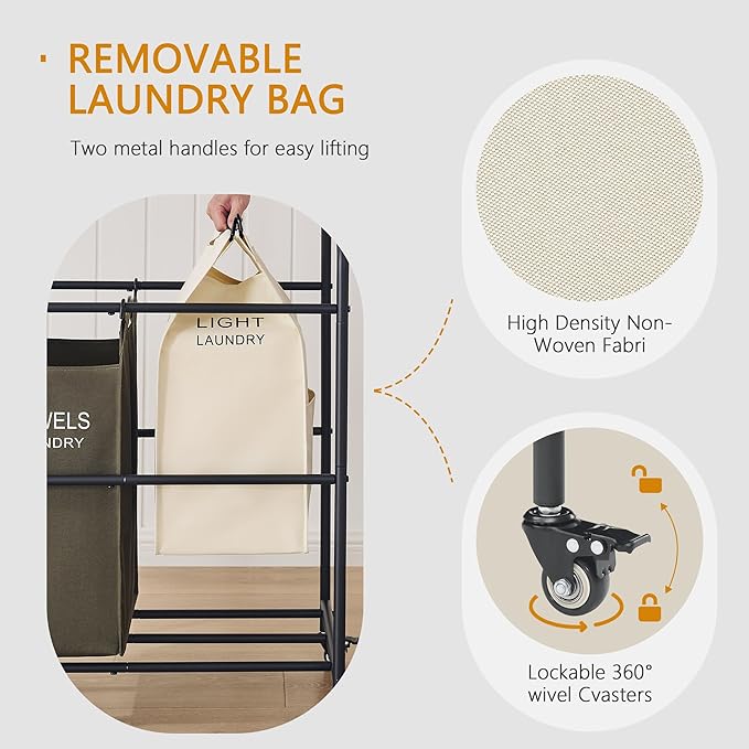 Laundry Sorter 3 Section,Laundry Hamper Cart with Hanging Rack & Removable Bags,Heavy Duty Laundry Basket Organizer with Wheels & 2 Tier Shelf,3 Colors-Ruum Studio Home