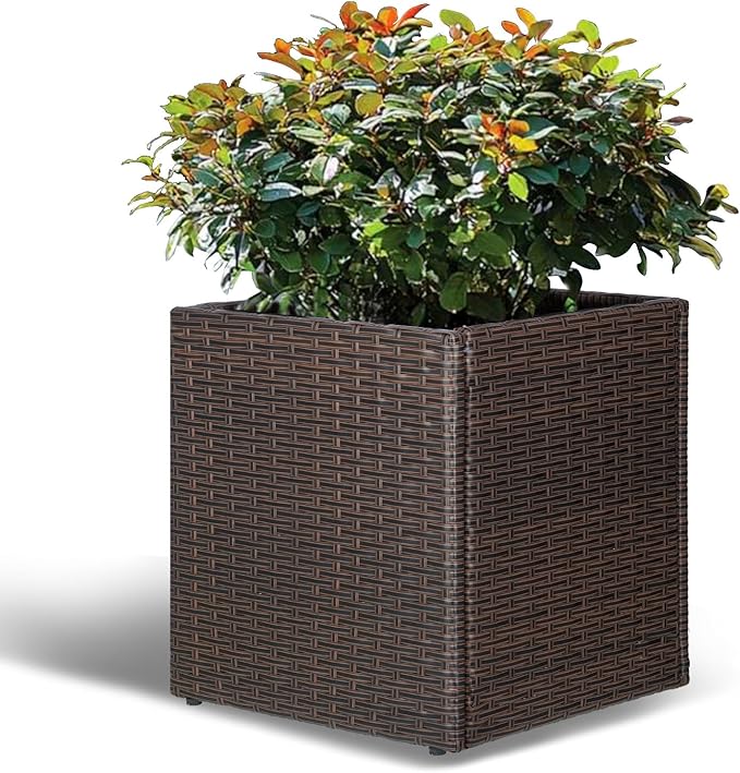 LEWIS&WAYNE Large Square Planter Box Handmade Wicker Tall Planters for Outdoor Plants with Removable Liners Modern Planter for Indoor Outdoor Garden Patio Front Porch - Brown, 17''x17''x18''-Ruum Studio Home