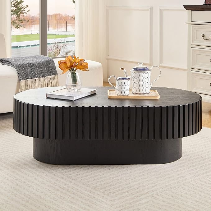 43.7" Oval Coffee Table for Living Room,Modern Handcraft Drum Coffee TableSmall Wooden Coffee Table with Sturdy Pedestal Easy Assembly for Office-Black-Ruum Studio Home