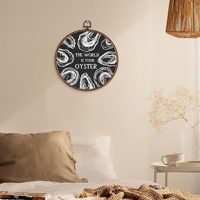 XBBMGG Black Vintage Oyster Wall Art Decor, Beach Nautical Round Wall Hanging Decor, Retro Ocean The World Is Your Oyster Framed Canvas Prints for Home Bedroom Living Room Decorations, 10x10inch-Ruum Studio Home