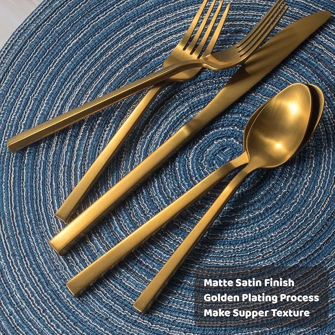 Alata Cube Gold 45-Piece Flatware Set, Forged Cutlery Set, Matte Gold Silverware Service for 8, Stainless Steel Tableware with Square Handle for Home/Restaurant, Dishwasher Safe-Ruum Studio Home