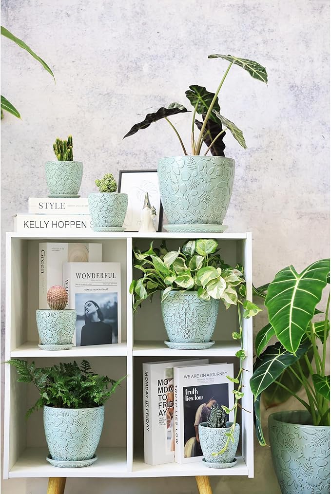 6 Inch Retro Ceramic Planter Set of 2 with Drainage Hole and Saucer for Plants, Indoor-Outdoor Garden Pots for Succulent, Orchid, and Flower (Fits Inner Pots Up to 5 Inches, Retro Green)-Ruum Studio Home